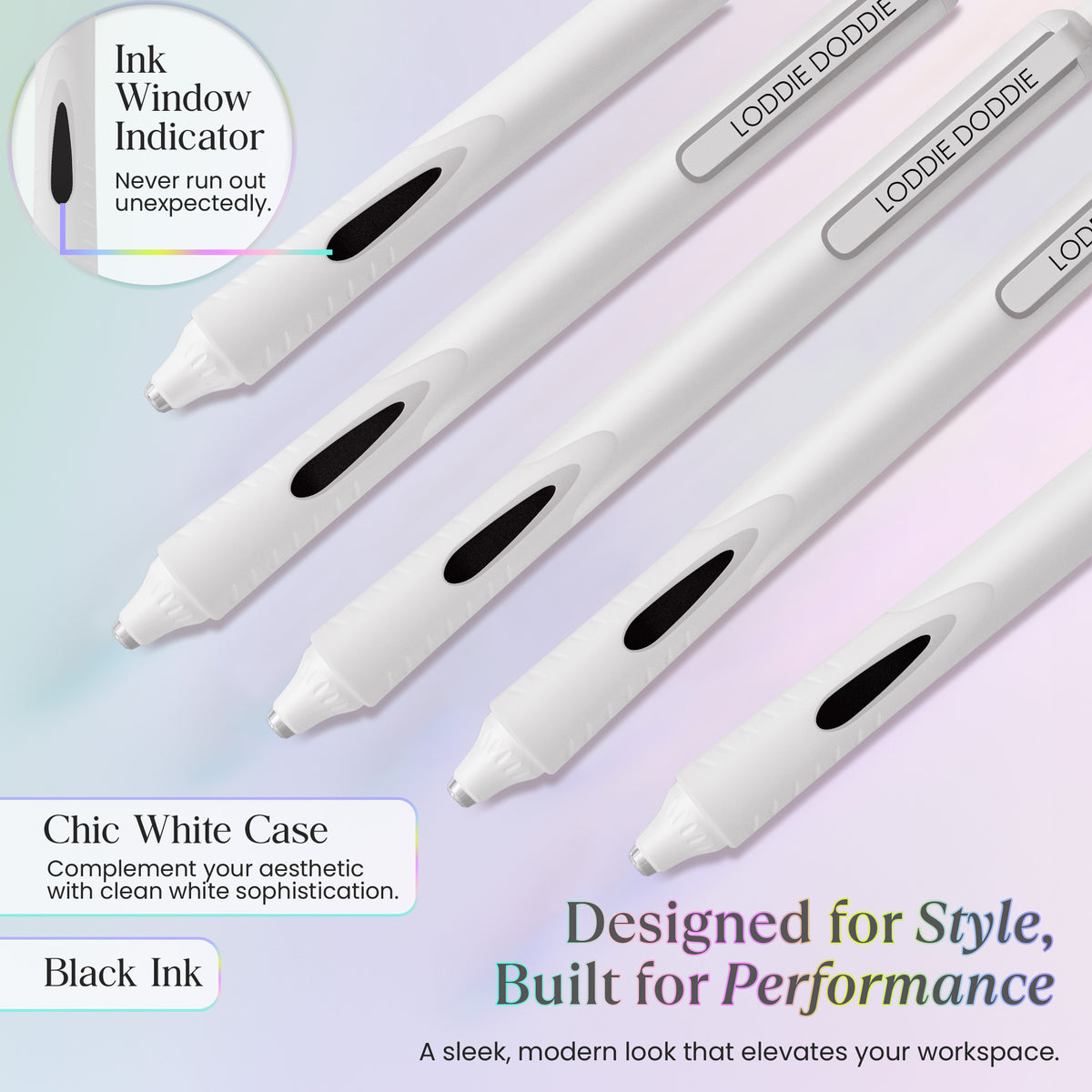 5ct Roller Gel Pens - Silent Clickers - White - Black Ink