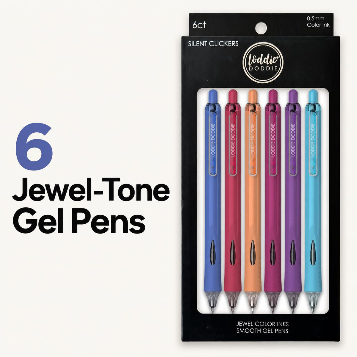Loddie Doddie Hush Retractable Gel Pens, 0.5 mm Tip, Jewel Tones, 6 Pack