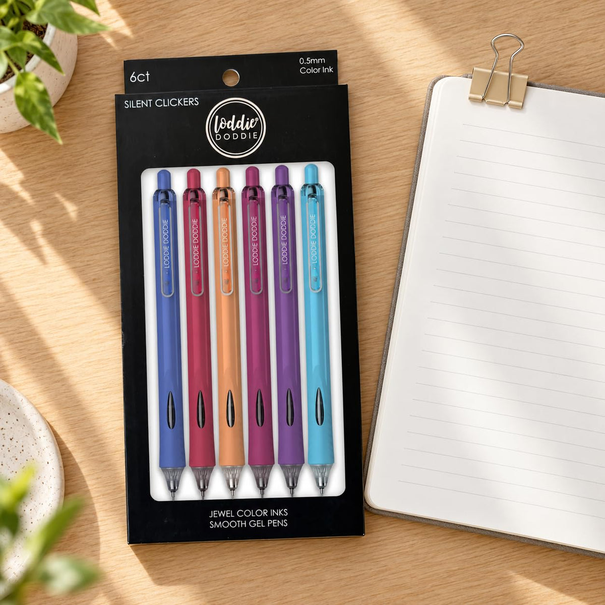 Loddie Doddie Hush Retractable Gel Pens, 0.5 mm Tip, Jewel Tones, 6 Pack