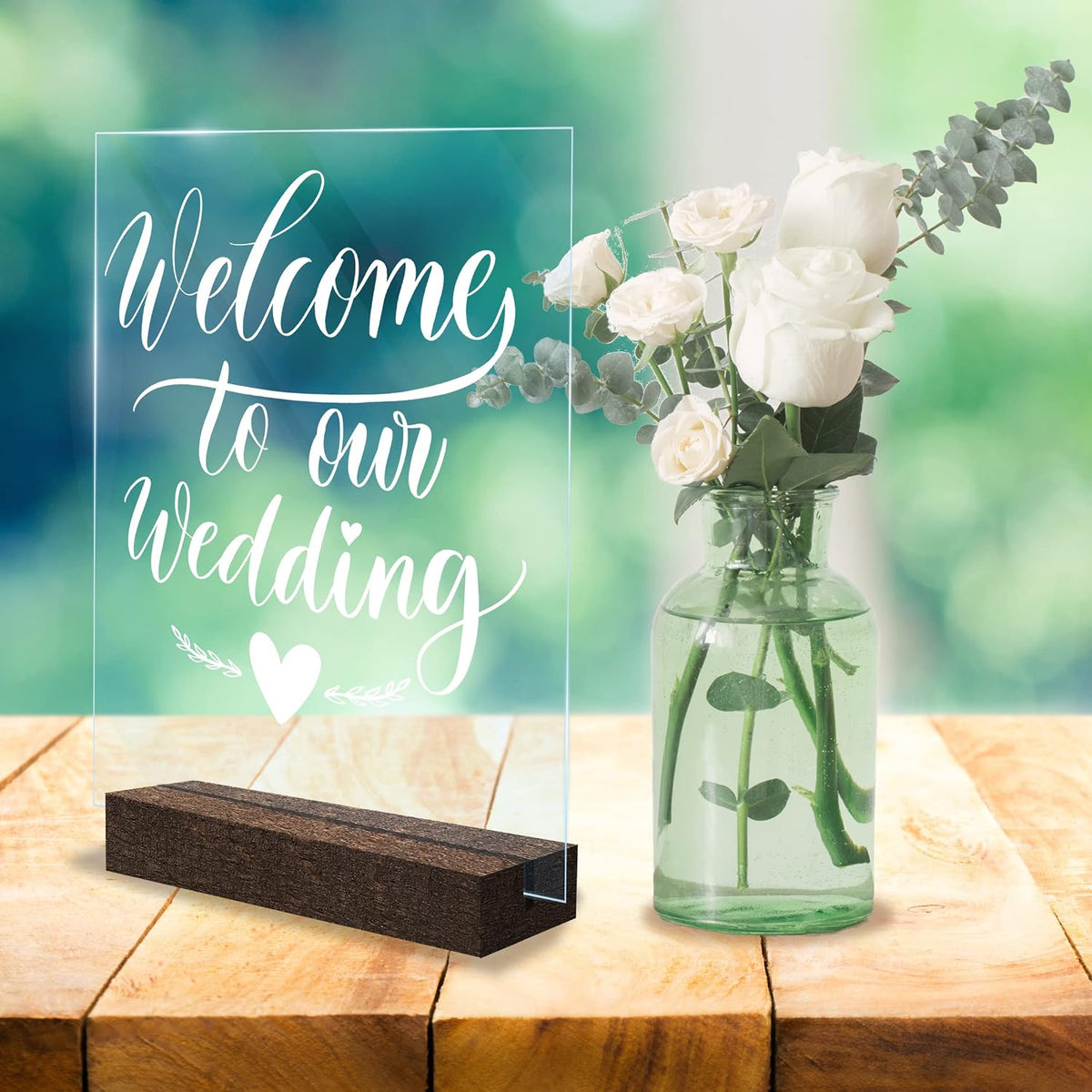 Acrylic Signs with Rustic Wood Stand - 5x6 Signs - 4 pack - Includes Chalk Marker - Perfect for Weddings, Parties and Events