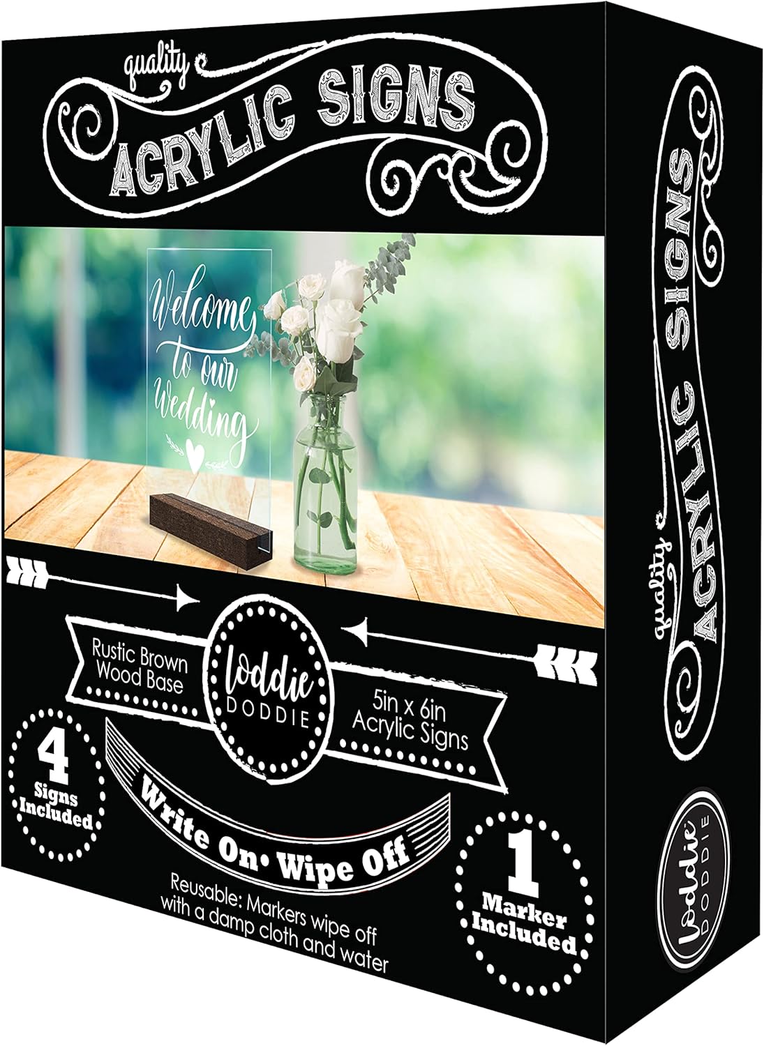 Acrylic Signs with Rustic Wood Stand - 5x6 Signs - 4 pack - Includes Chalk Marker - Perfect for Weddings, Parties and Events