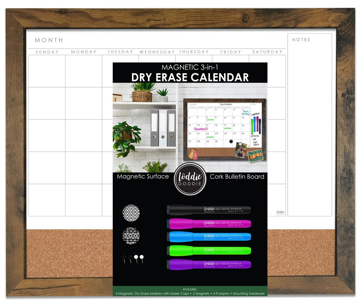 Loddie Doddie Magnetic Dry Erase Calendar Combo Kit, 18 x 24 Inch, Rustic Wood Frame
