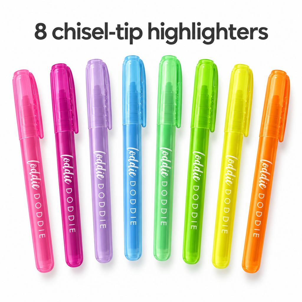 Loddie Doddie Chisel Tip Highlighters, Clear Barrels, Matching Caps, 8 Pack