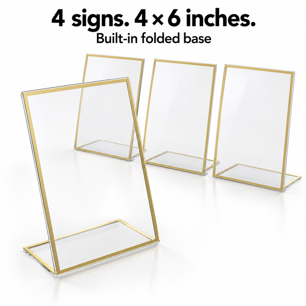 Loddie Doddie Gold Acrylic Signs, Self-Standing 4 x 6 Inch Sign Holders, 4 Pack with White Chalk Marker