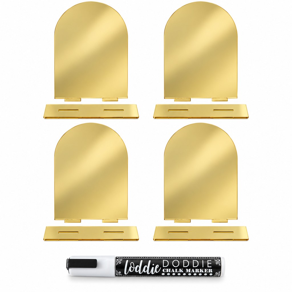 Loddie Doddie Gold Mirror Acrylic Arch Signs with Bases, 4 x 6 Inch, 4 Pack with White Chalk Marker
