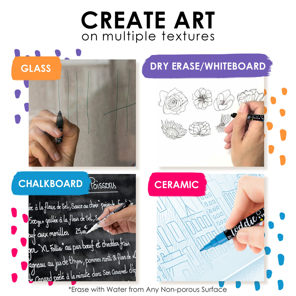 Chalk markers for chalkboards, signs, glass & windows